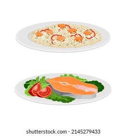 Tasty seafood dishes set. Seafood risotto and salmon fish served on plates with vector illustration