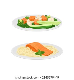 Tasty seafood dishes set. Salmon fish served on plates with vegetables and pasta vector illustration