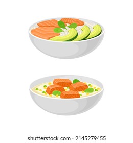 Tasty seafood dishes set. Salmon fish served on plates with rice vector illustration