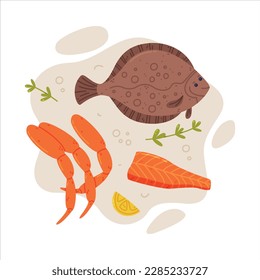 Tasty Seafood and Fresh Sea Product Vector Composition