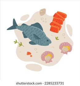 Tasty Seafood and Fresh Sea Product Vector Composition