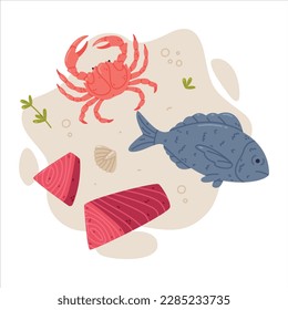 Tasty Seafood and Fresh Sea Product Vector Composition