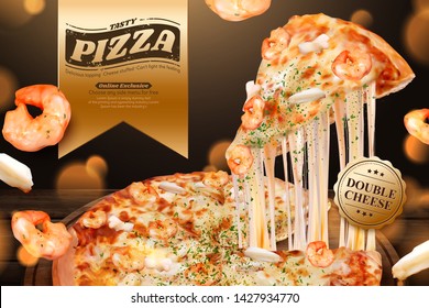 Tasty seafood pizza ads with stringy cheese in 3d illustration, shrimp and squid ring ingredients