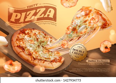 Tasty seafood pizza ads with stringy cheese in 3d illustration, shrimp and squid ring ingredients