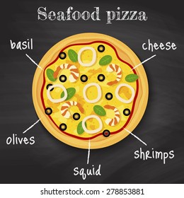 tasty seafood pizza on chalkboard background with written ingredients