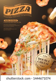 Tasty seafood pizza poster ads with stringy cheese in 3d illustration, shrimp and squid ring ingredients