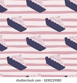 Tasty seamless doodle pattern with basket cream ornament. Sweet dessert silhouettes in purple tones on lilac and white striped background. For fabric design, textile, wrapping. Vector illustration