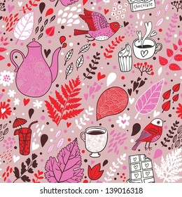 Tasty seamless pattern with birds and flowers. Tea, coffee, chocolate and cupcakes. Seamless pattern can be used for wallpapers, pattern fills, web page backgrounds,surface textures.