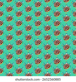Sabroso patrón sin fisuras de rosquillas rellenas de crema coronadas con chocolate sobre un fondo vibrante y colorido de tosca verde