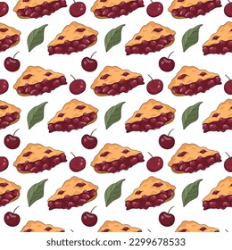 Tasty seamless pattern with cute cherry pie. Vector illustration