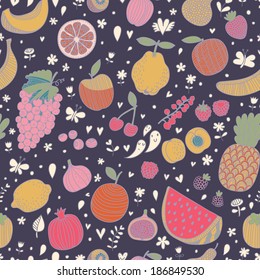 Tasty seamless pattern in dark colors made of fruits and berries. Lemon, redcurrant, apple, strawberry, banana, grape, pomegranate, peach, cherry, pear, plum, raspberry, blueberry, orange, figs, kiwi