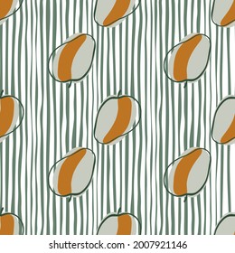 Tasty seamless pattern with grey and brown apricot shapes. Striped background. Hand drawn organic food print. Perfect for fabric design, textile print, wrapping, cover. Vector illustration.