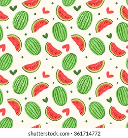 Tasty seamless pattern of juicy watermelon and hearts.