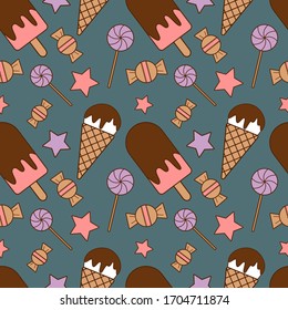 Tasty seamless pattern made of candies in pastel colors in vector. Seamless pattern can be used for wallpapers, pattern fills, web page backgrounds, surface textures.