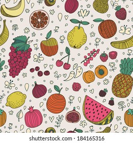  Tasty seamless pattern made of fruits and berries. Lemon, redcurrant, apple, strawberry, banana, grape, pomegranate, peach, cherry, pear, plum, rasberry, blueberry, orange, figs, kiwi and others