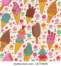 Tasty seamless pattern made of yummy ice cream in bright colors in vector. Seamless pattern can be used for wallpapers, pattern fills, web page backgrounds, surface textures.