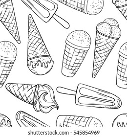 Tasty seamless pattern made of yummy ice cream in black and white, in vector. Seamless pattern can be used for wallpapers, pattern fills, web page backgrounds, surface textures.