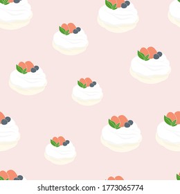 Tasty seamless pattern with 
 pavlova meringues cakes