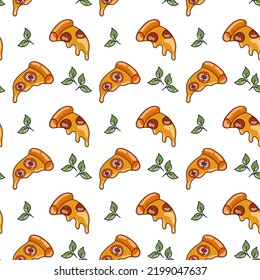 Tasty seamless pattern with slices of pizza and basil. Vector illustration