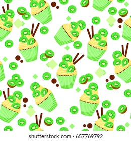 Tasty seamless pattern with sweet cupcake, kiwi fruit and wafer rolls. Vector tasty background. 
