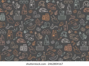 Tasty seamless showing off multicolor groceries, cookware, utensils, all outlined in handmade doodle style. Dark backdrop perfect for culinary designs, decor or home restaurant branding.