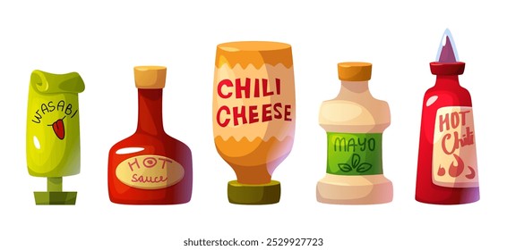 Tasty seasoning sauces in plastic and glass bottle and tube - hot chili and spicy cheese, mayonnaise and wasabi. Cartoon vector illustration set of condiment tangy dish in container with labels.