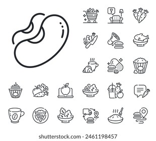 Tasty seed sign. Crepe, sweet popcorn and salad outline icons. Beans line icon. Vegan food symbol. Beans line sign. Pasta spaghetti, fresh juice icon. Supply chain. Vector