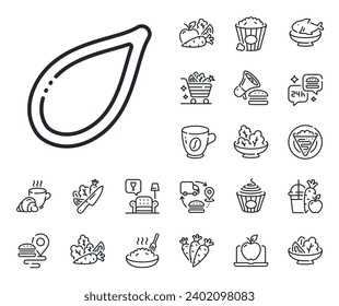 Tasty seeds sign. Crepe, sweet popcorn and salad outline icons. Pumpkin seed line icon. Vegan food symbol. Pumpkin seed line sign. Pasta spaghetti, fresh juice icon. Supply chain. Vector