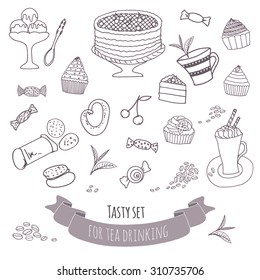 Tasty set with hand drawn sweets for appetizing tea. Hand-drawn cake, cookies, candy, twig tea, coffee and pretzels for your design.