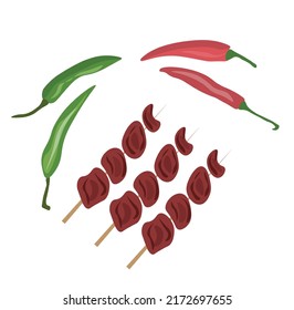 Tasty shish kebabs with chili peppers on white background