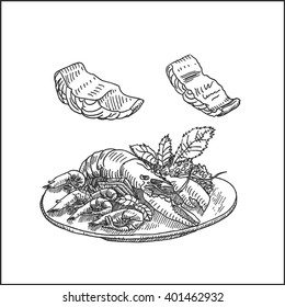 Tasty shrimp and lobster seafood hand drawn sketch vector illustration