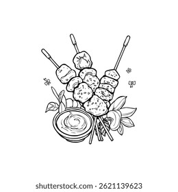 Tasty skewers in line art style! A monochrome vector illustration featuring grilled meat sticks, dipping sauce, and herb decorations. This black and white artwork is great for food projects, menu desi