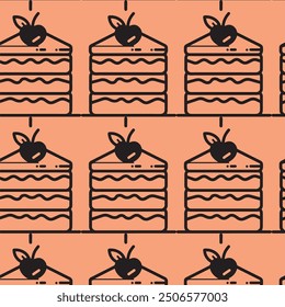 Sabrosa rebanada de pastel de cumpleaños con cereza y frosting crema tatuaje icono sin fisuras patrón elegante simple Fondo de pantalla de impresión de alta calidad para la moda textil en rebanada roja y negro
