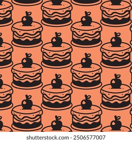 tasty slice of cake birthday with cherry and frosting cream tattoo icon seamless pattern elegant simple  high quality print wallpaper for textile fashion in red slice and black