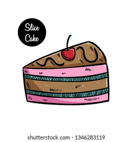 Tasty slice cake with cherry by using colored hand drawn art