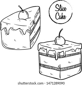 Tasty Slice Cake and Cherry With Hand Drawn or Sketchy Style