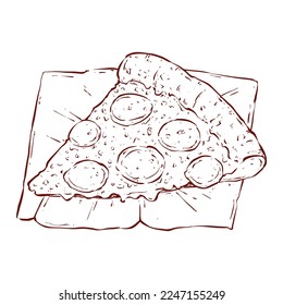 Deliciosa pizza rebanada sobre el papel con salami encima. Ilustración vectorial de pizzas con dibujos a mano coloreados