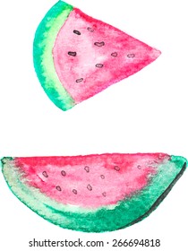 Tasty slice of red watermelon with seeds. Watercolor vector illustration.