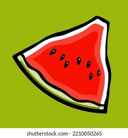 Tasty slice of red watermelon. Sweet fruit dessert. Icon, sticker and food design. Cartoon vector illustration isolated on green background