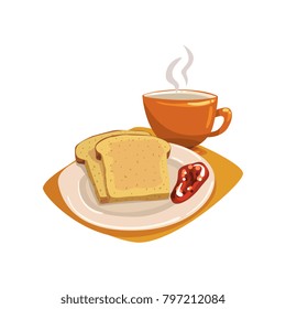 Tasty sliced bread toasts with fruit jam on plate and cup of hot tea or coffee. Appetizing breakfast. Concept of food and drink. Cartoon flat vector design