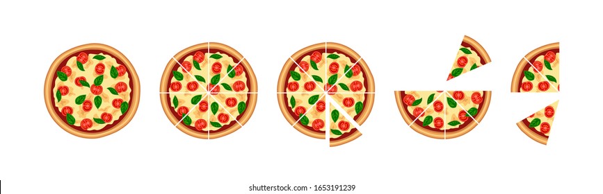 Tasty sliced pizza set. Piece of margherita with tomato, cheese, basil top view isolated on white background. Flat traditional italian fast food icon. Vector illustration for web, advert, menu