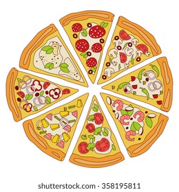 Tasty Sliced Pizza, slices of pizza with various ingredients, hand-drawn Vector Illustration