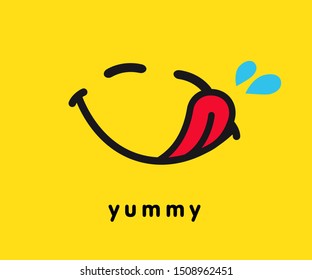 Tasty smile icon template design. Yummy emoticon vector logo on yellow background. Hungry emoji illustration, line art style. World Smile Day banner