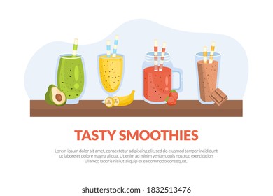 Tasty Smoothies Banner Template with Nutritious Vitamin Drinks, Avocado, Banana, Strawberry, Chocolate Cocktails Poster, Promotional Leaflet Vector Illustration