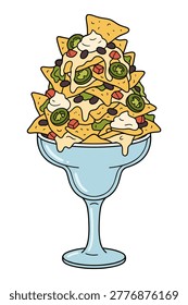 Tasty snack of crisp tortilla chips topped with melted cheese black beans jalapenos sour cream and diced vegetables inside cocktail vessel.