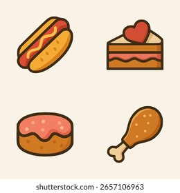 Tasty snack and dessert illustration featuring hot dog, heart cake, glazed donut, and crispy fried chicken drumstick