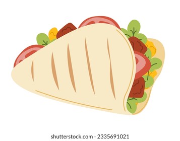 Tasty snack or fast food made of vegetables and meat ingredients. Isolated roll wrap with tomatoes, salad leaves and ham. Organic product or delicious dinner, breakfast or lunch. Vector in flat style