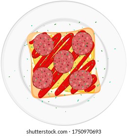 Tasty snack on a white plate. Toast with sliced sausage and cheese, sauce and ketchup with spice. Fast food. Delicious sandwich. Vector stock illustration on a white background. Isolate on white.