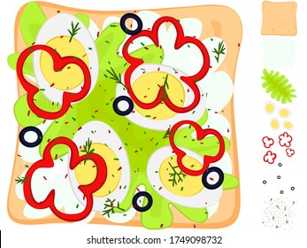 Tasty snack. Toast with sauce, sliced pepper, eggs, black olives, salad leaf, spice. A set of ingredients. Delicious sandwich. Vector stock illustration on a white background. Isolate on white.