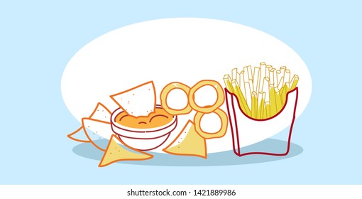 tasty snack tortilla chips with sauce in bowl french fries paper cup fast food classic american fastfood hand drawn sketch doodle horizontal